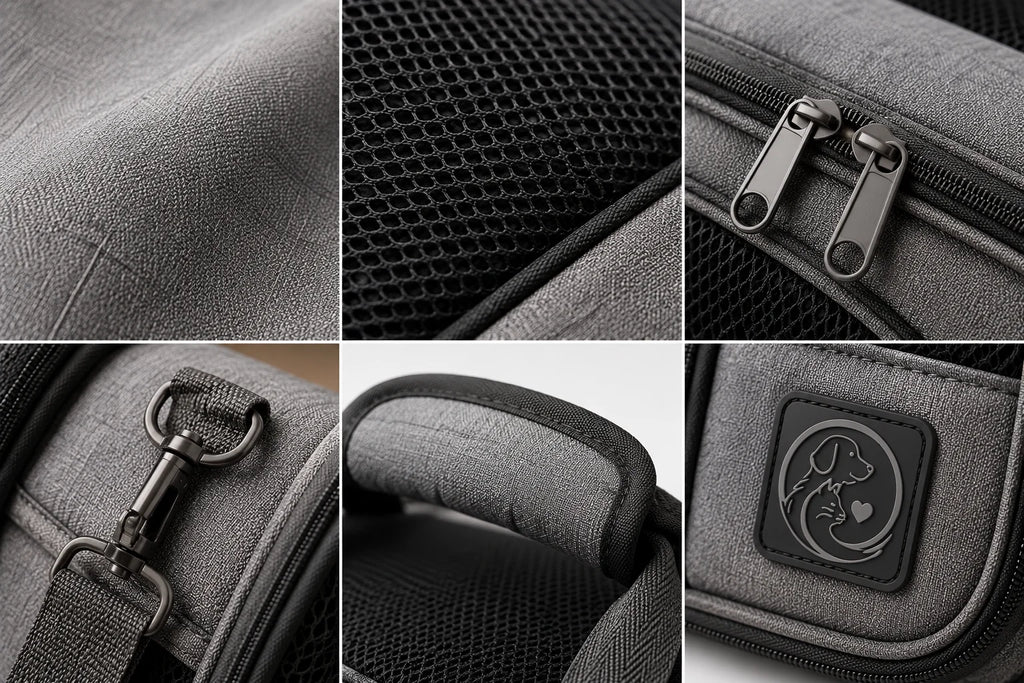 Gray fabric bag with black mesh and zipper details close-up