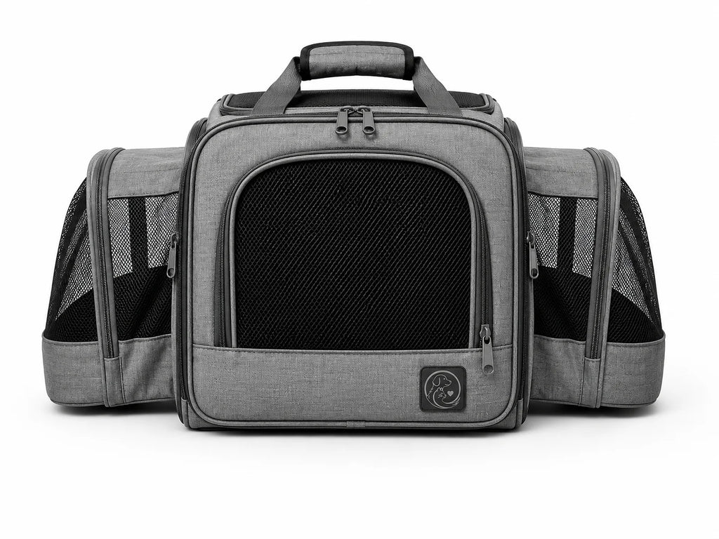 Gray pet carrier with black mesh panels and handle on top for travel