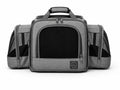 Gray pet carrier with black mesh panels and handle on top for travel