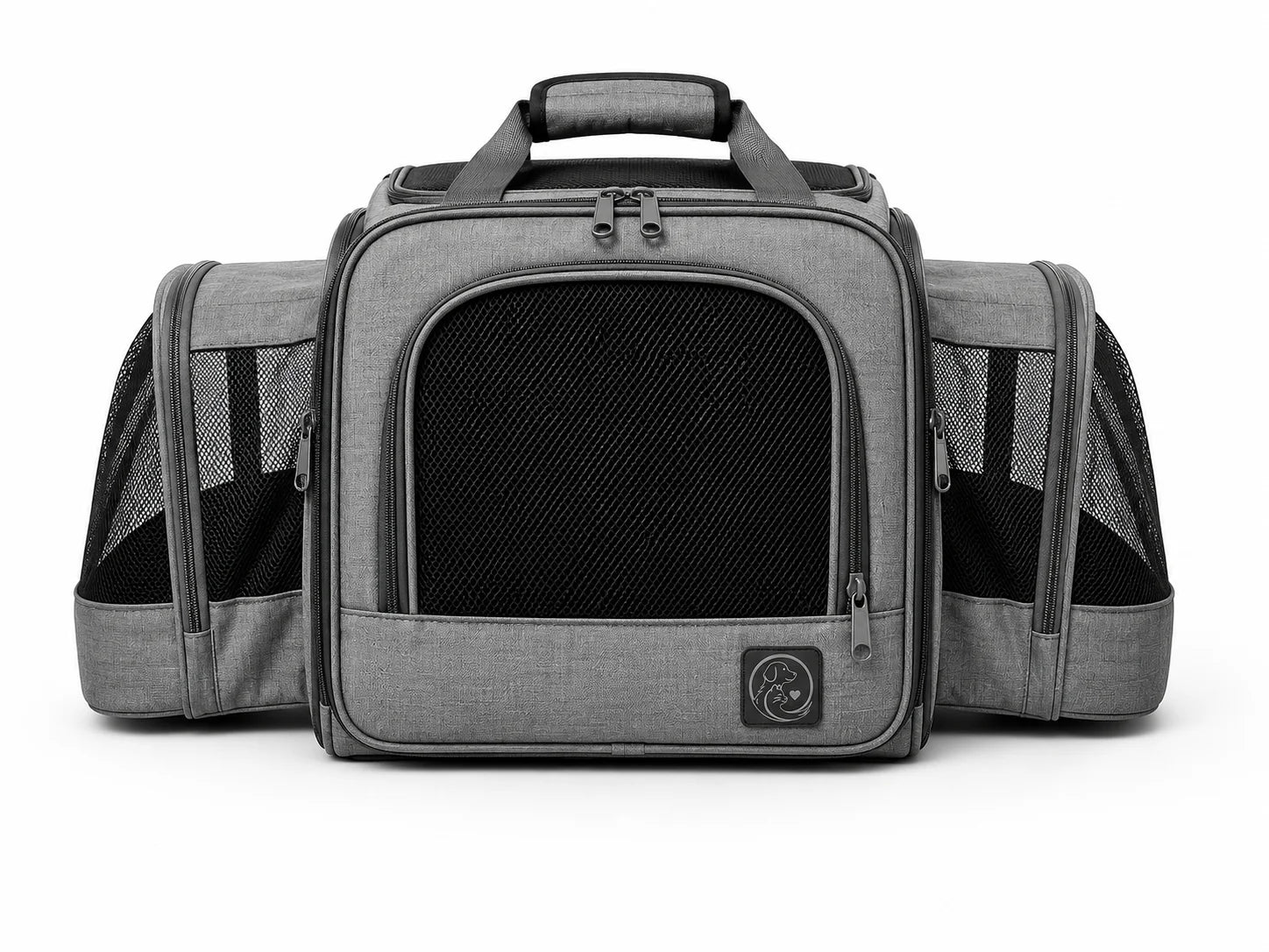 Gray pet carrier with black mesh panels and handle on top for travel