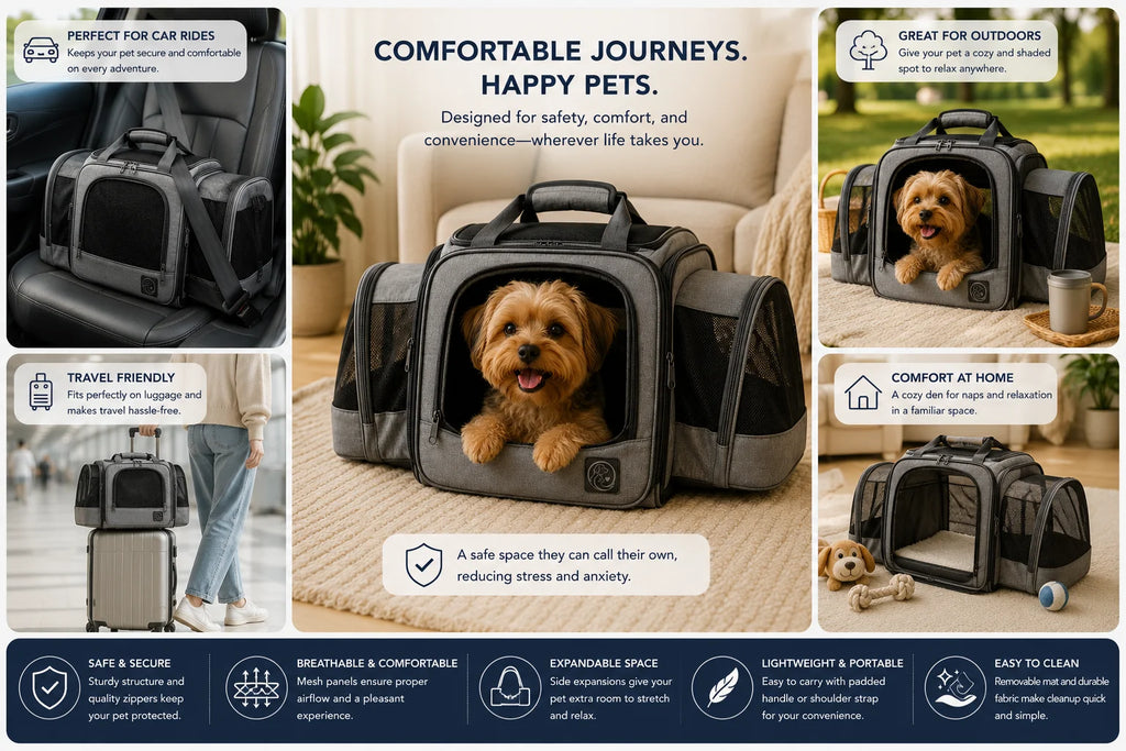 Pet carrier bag for safe travel and relaxation at home with