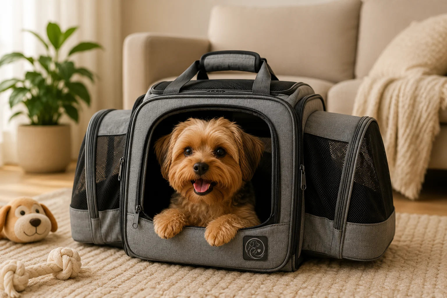 Small brown dog in a gray pet carrier on a beige rug in a living room