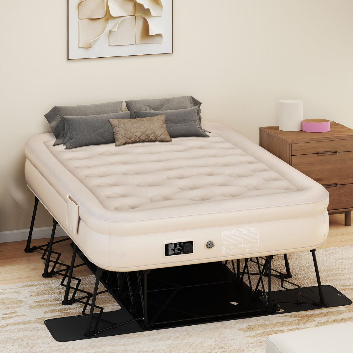 Inflatable Queen Air Mattress with Built-in Pump, Frame, Velvet Surface Portable Storage Case, Khaki(Queen/Khaki)