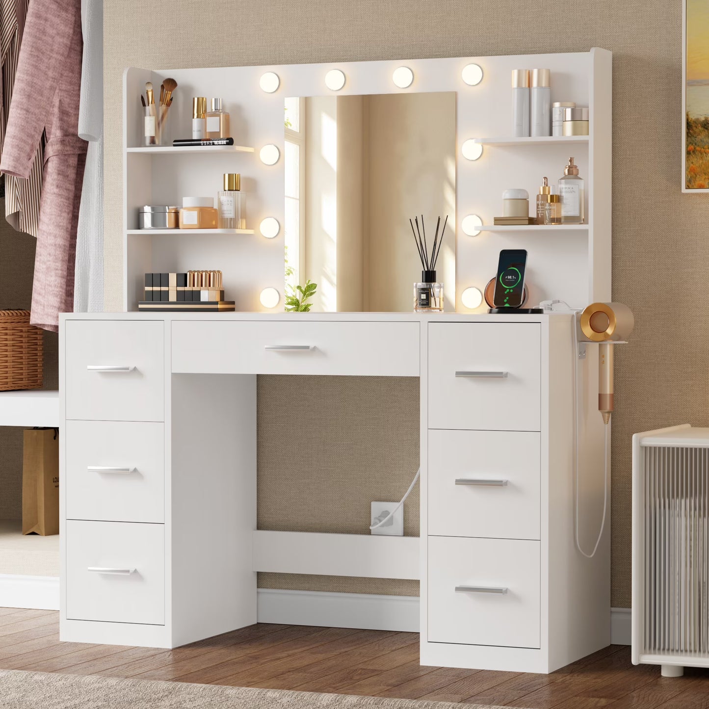 Vanity Desk with Mirror and LED Lights, Makeup Vanity with 7 Drawers 4 Shelves, Vanity Table with Power Outlet for Bedroom Dressing Room, White(White: 7 Drawers)