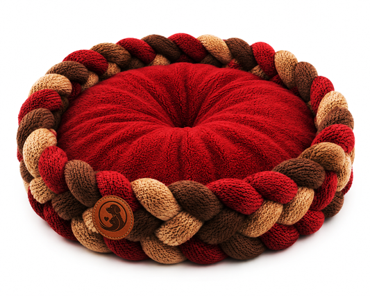 Braided Round Pet Bed Cushion – Red, Beige & Brown
