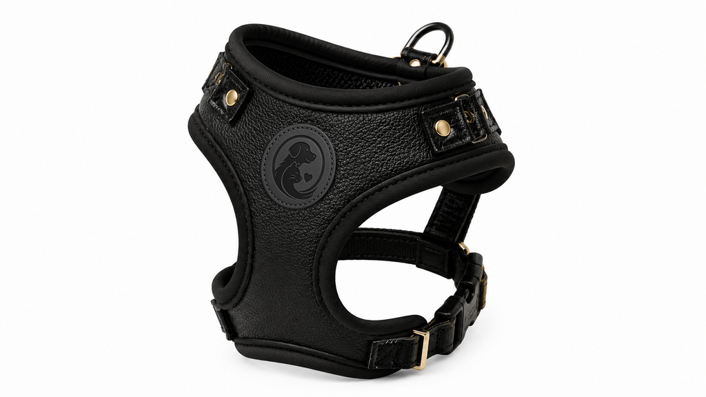 Black Leather-Look Pet Harness Vest with Gold-Tone Hardware