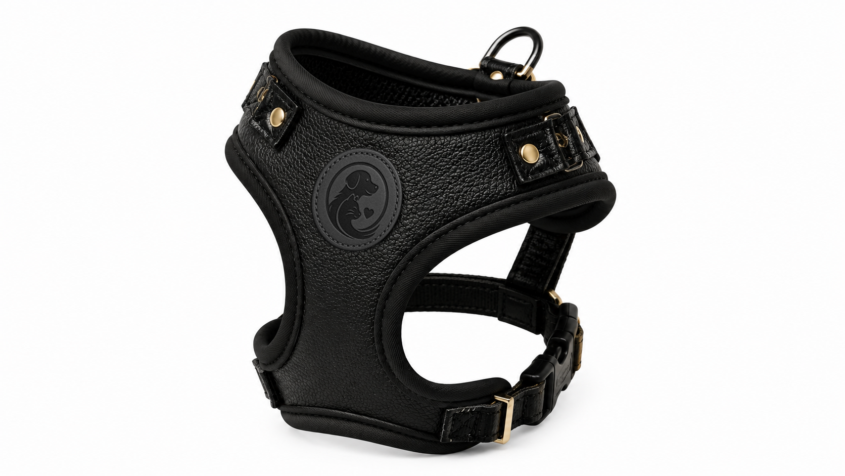 Black Leather-Look Pet Harness Vest with Gold-Tone Hardware