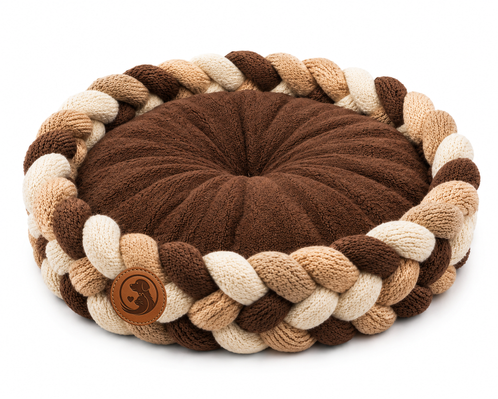 Handcrafted Braided Round Pet Bed Cushion – Soft Knitted Lounger for Dogs & Cats