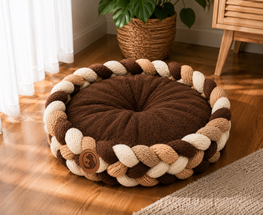 Handcrafted Braided Round Pet Bed Cushion – Soft Knitted Lounger for Dogs & Cats
