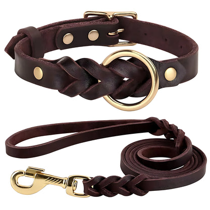 Genuine Leather Dog Collar & Lead Set – Braided Heavy Duty Leash