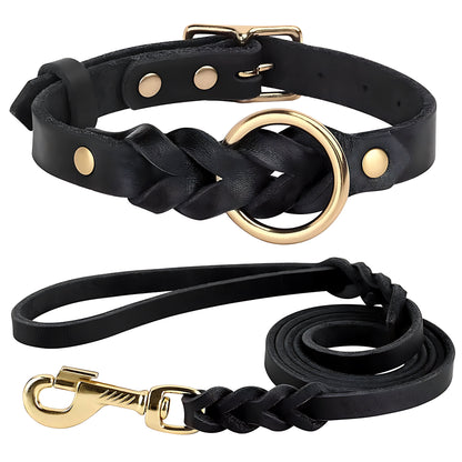 Genuine Leather Dog Collar And Leash Set For Large Dogs