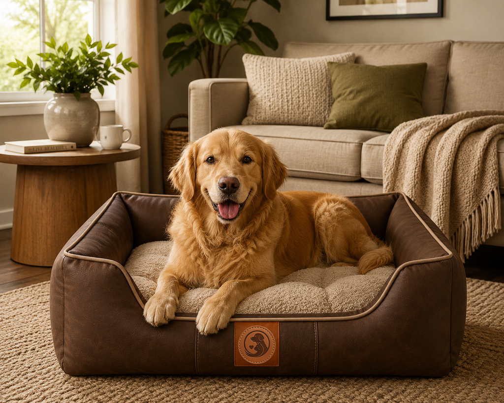 Luxury Orthopedic Faux Leather Dog Bed – Waterproof Raised Pet Sofa Bed with Plush Cushion