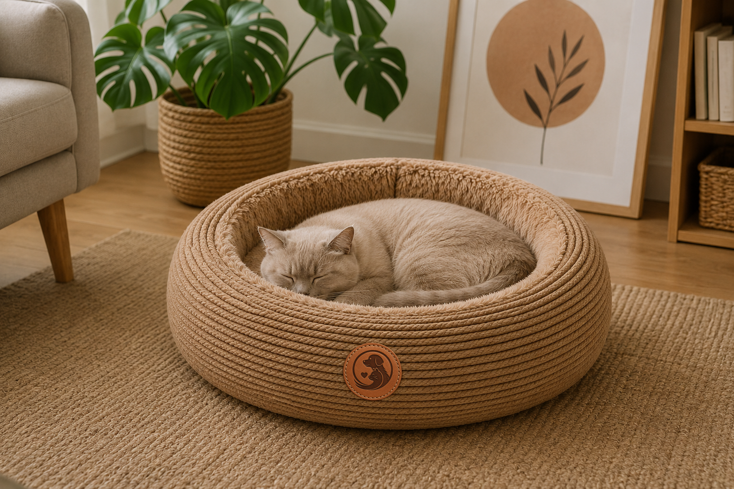 Woven Round Calming Pet Bed – Plush Cushion Lounger for Dogs & Cats