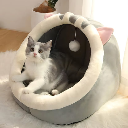 Plush Cat Cave Bed – Cozy Enclosed Pet Sleeping Den