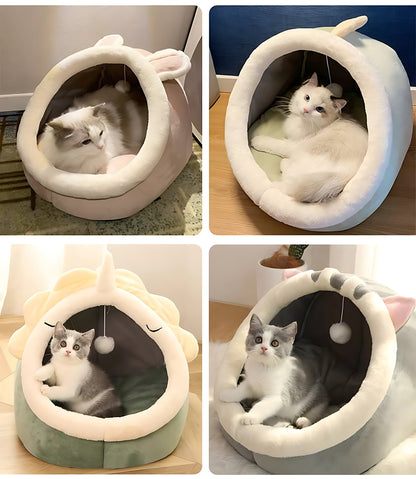 Plush Cat Cave Bed – Luxury Enclosed Sleeping House for Small Pets