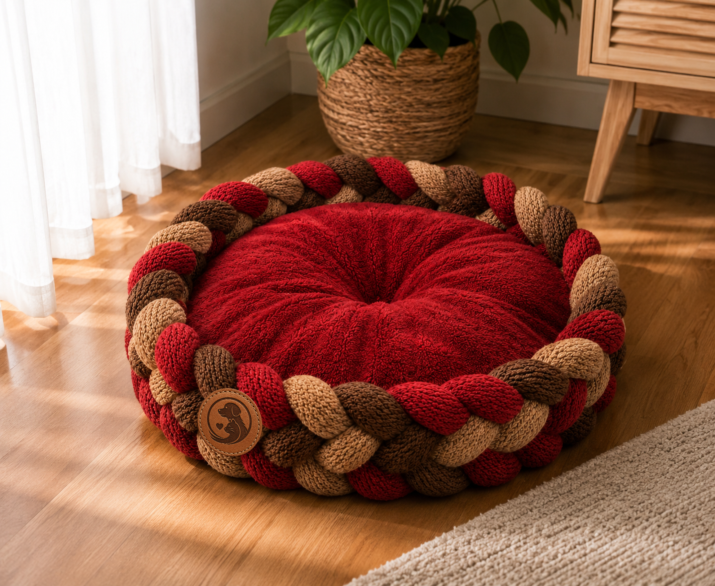 Handcrafted Braided Round Pet Bed Cushion – Multi-Color Knitted Lounger for Dogs & Cats