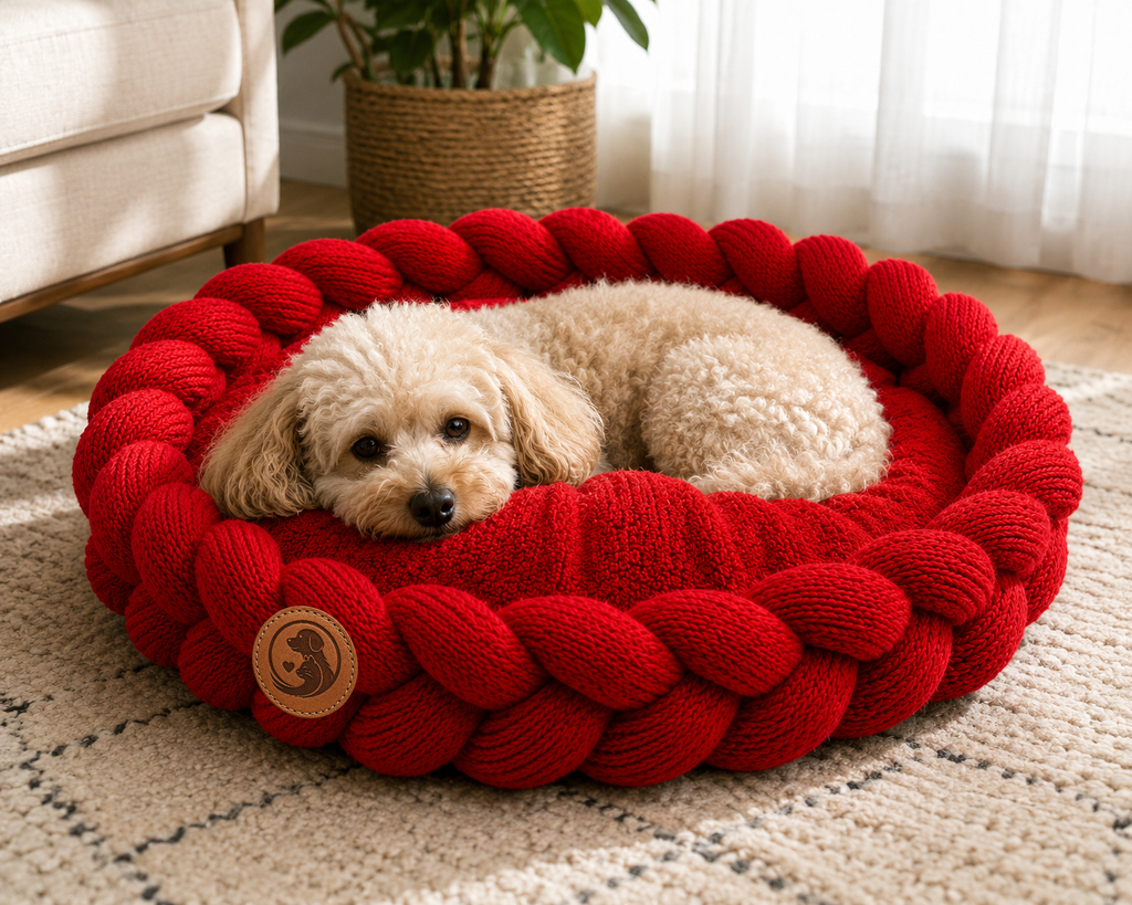 Handcrafted Braided Round Pet Bed Cushion – Soft Knitted Lounger for Dogs & Cats