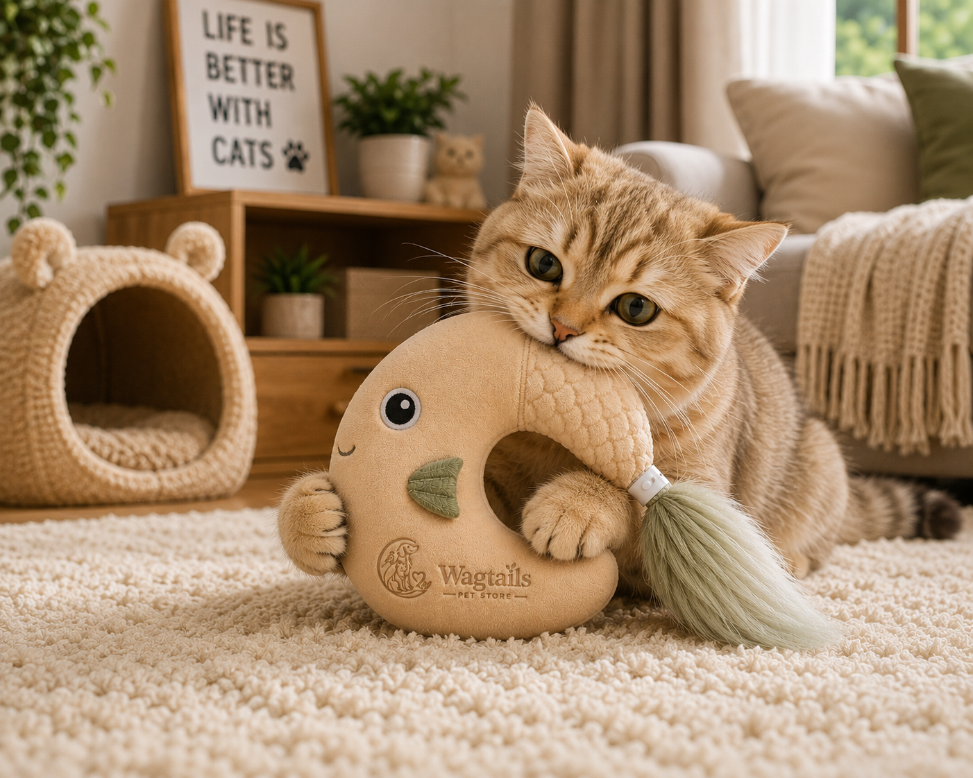 Wagtails Plush Fish Cat Toy – Soft Fish-Shaped Interactive Toy with Fluffy Feather Tail for Indoor Cats & Kittens