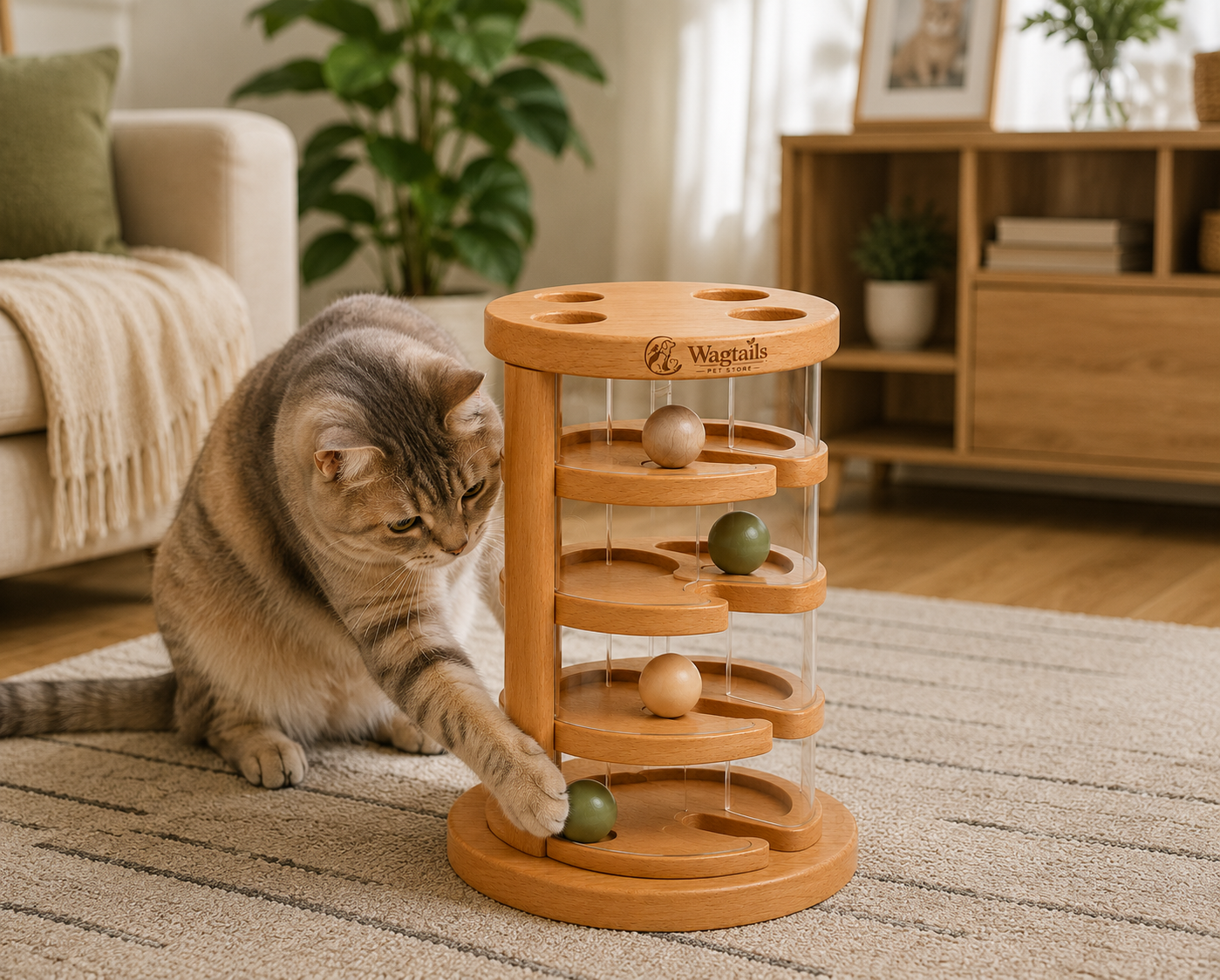 Wagtails Wooden Cat Ball Track Tower – Interactive Rolling Ball Puzzle Toy for Indoor Cats