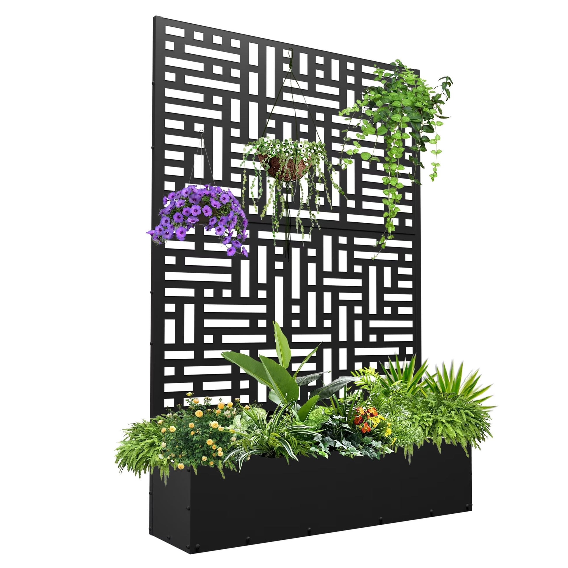 71'' H Metal Planter with Trellis, Outdoor Raised Garden Bed for Climbing Plants, Trellis Planter Box with Drainage Hole, Black(Single/Black)