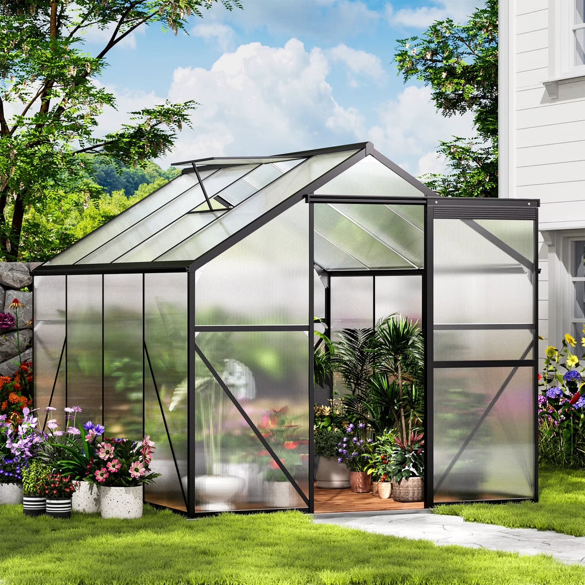 8x6 FT Greenhouse with Lockable Hinged Door Vent Window, Polycarbonate Walk-in Winter Greenhouse Sunroom, Black
