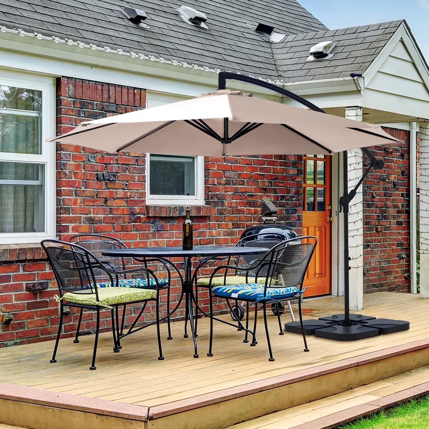 10ft Heavy Duty Patio Hanging Offset Cantilever Patio Umbrella W/ 4-Piece Base Included Included, Beige(Beige)