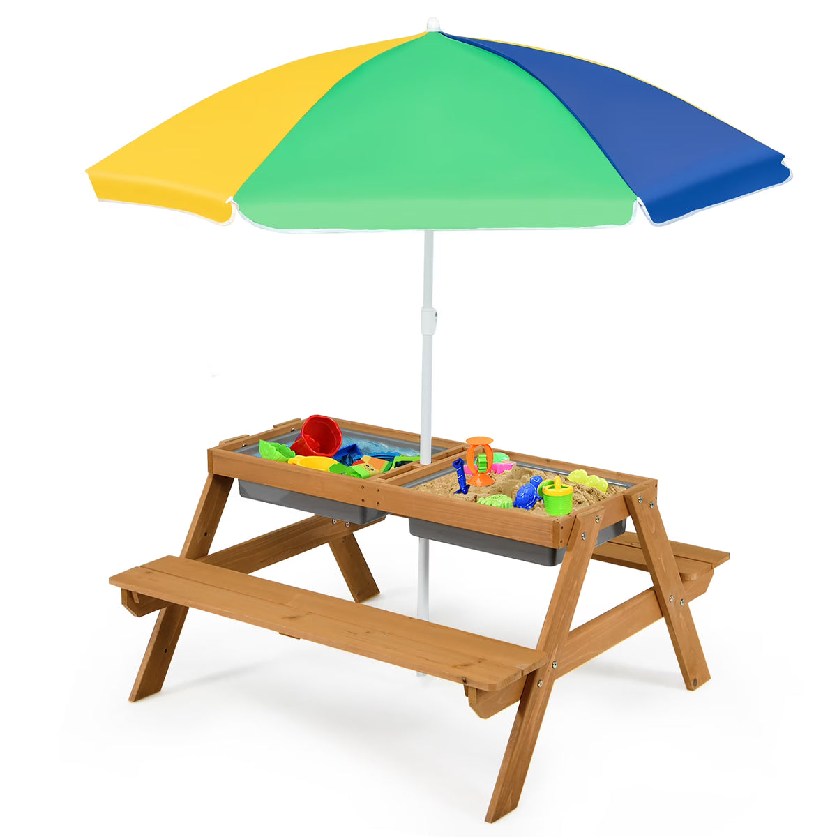 3-in-1 Kids Picnic Table Wooden Outdoor Sand Water Table with Umbrella Play Boxes Green(Green)