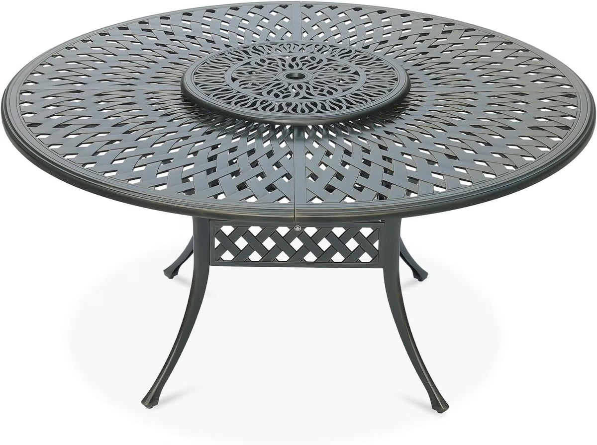 Outdoor 61" Patio Dining Table for 6-8 Person, Large Patio Round Dining Table with 24" Lazy Susan, Dark Bronze Cast Aluminum Rustic Patio Table W/Umbrella Hole for Balcony, Porch and Deck(24" Lazy Susan (Elizabeth Style))