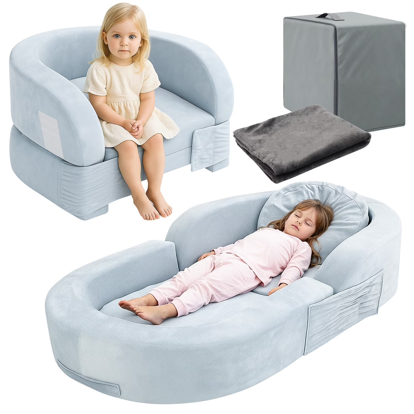 Toddler Travel Bed 2-in-1 Kids Sofa Chair with Removable Cover, Soft Foam Portable Foldable Toddler Bed for Travel with Carrying Bag, Blue(Blue)