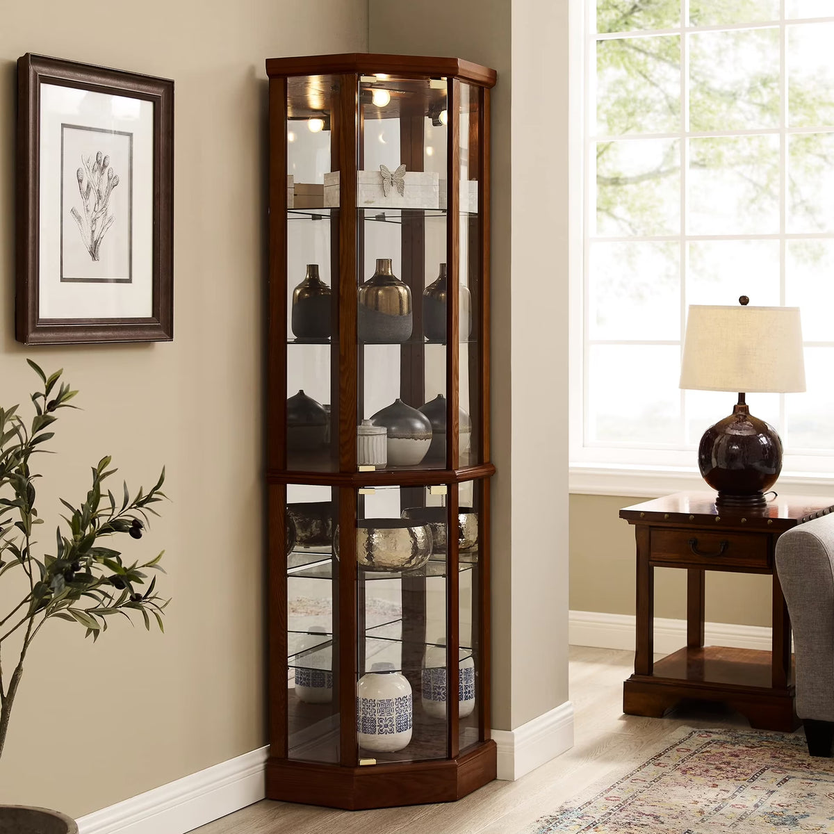 Walnut Cabinet With 6 Shelves, Adjustable Glass Mirrored Back Design Shelf Lighted Corner Curio Shelves In(Walnut)