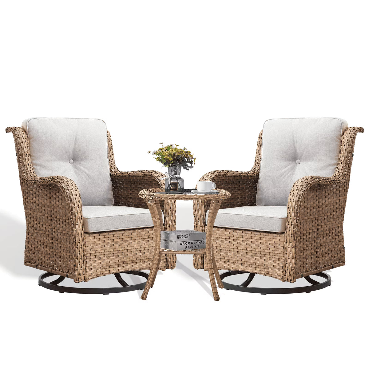 3 Piece Patio Set Outdoor Wicker Glider Rocking and Swivel Chairs with Cushions(Yellow/Beige)