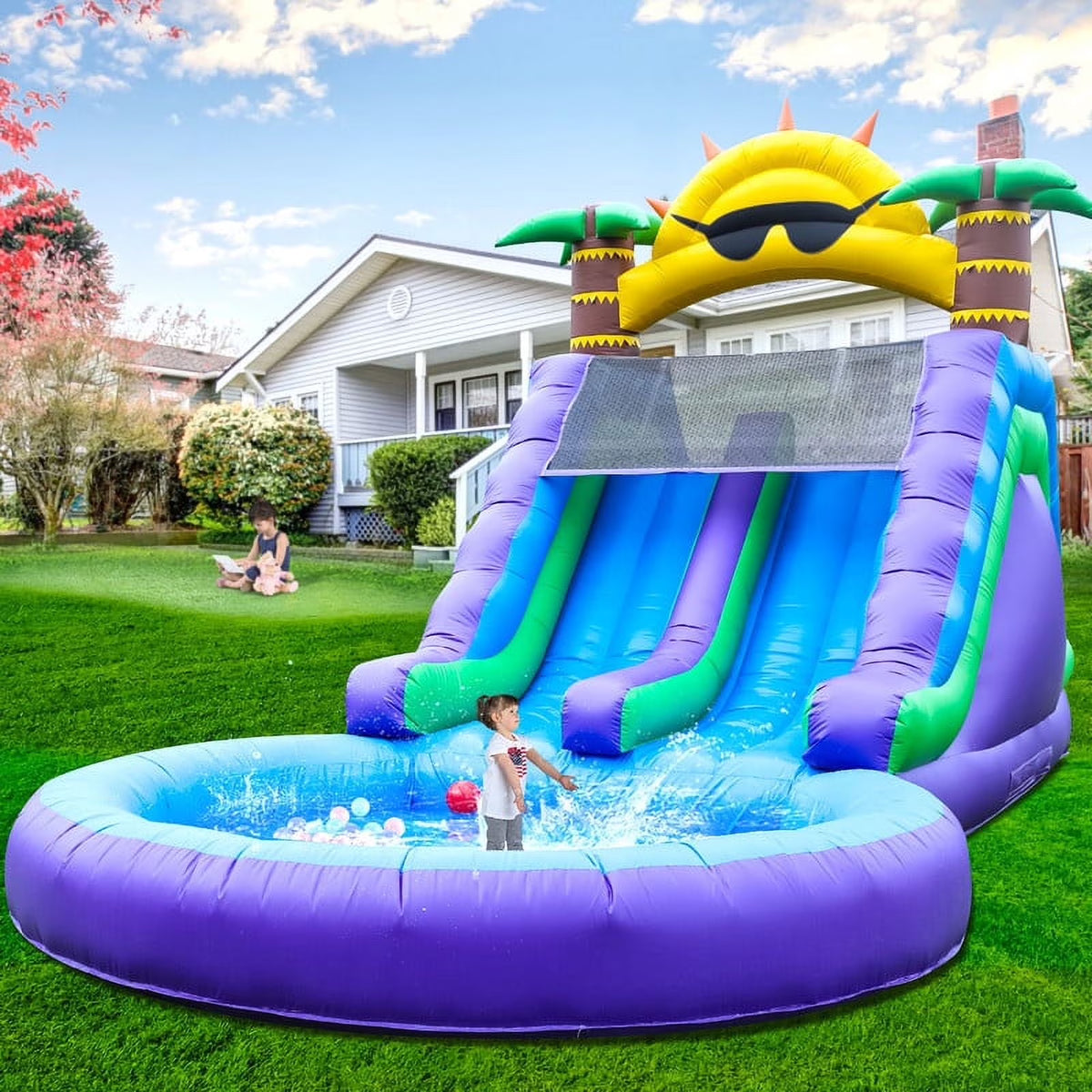 26FT Inflatable Double Water Slide for Kids Adults, PVC Inflatable Water Park with Blower, Giant Splash Pool for Backyard Outdoor Fun, 26'L x 12'W x 14'H(26x12x14FT/Multicolour)
