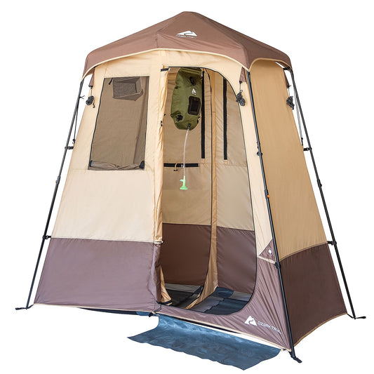 2-Room Shower Utility Tent Combo Includes 5-Gallon Water Container, Easy Setup, Maximum Occupancy Is 2. Khaki Colour.