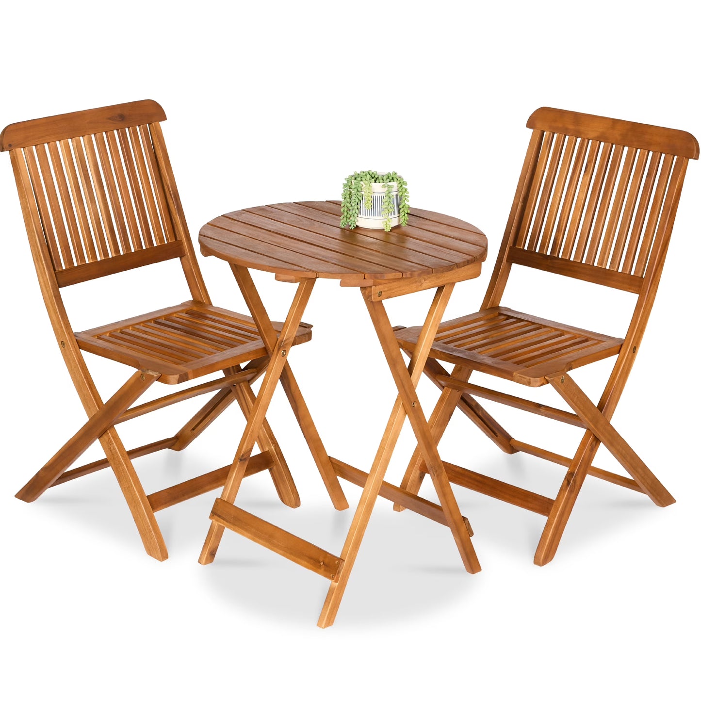 3-Piece Acacia Wood Bistro Set, Folding Patio Furniture w/ 2 Chairs, Table Natural(Natural)