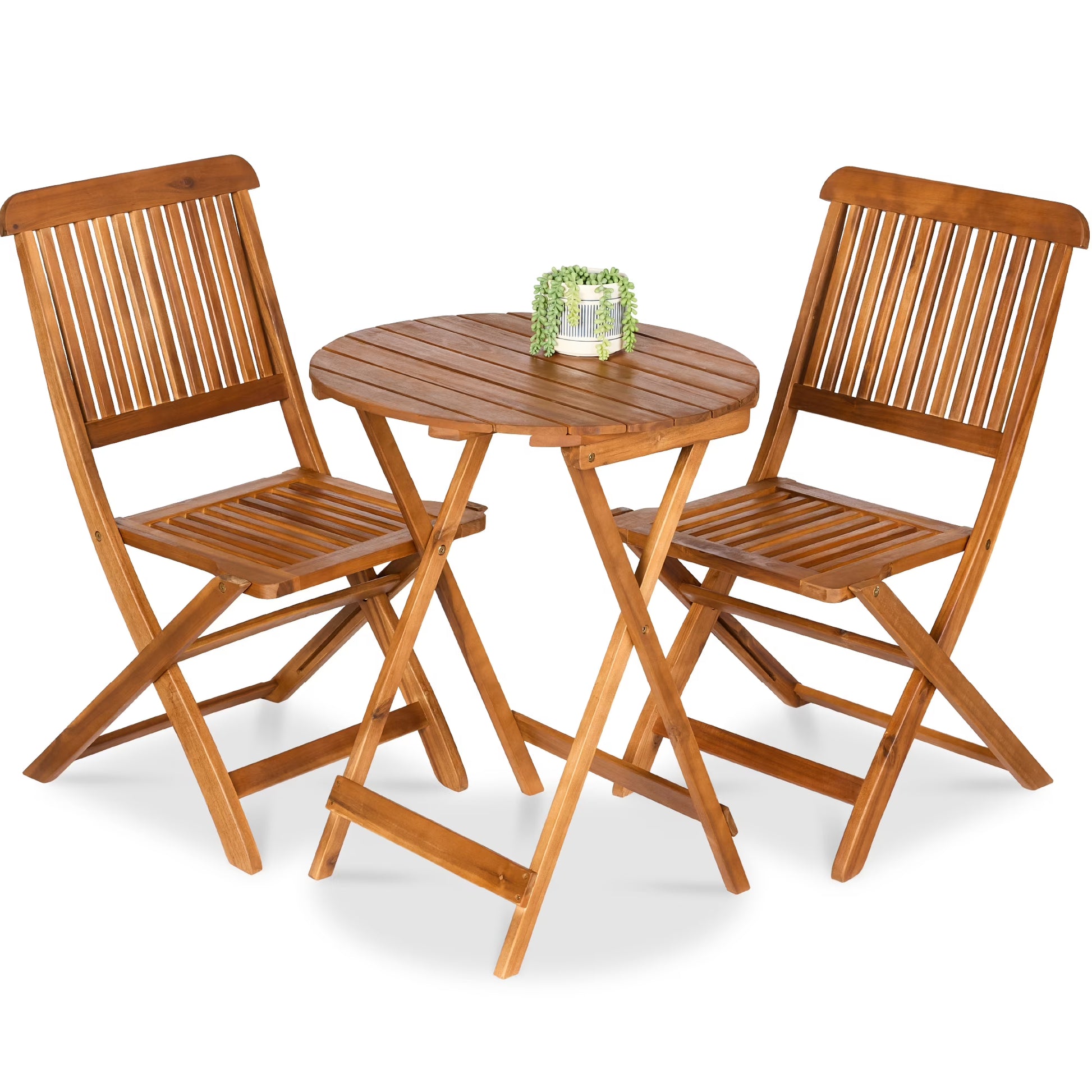 3-Piece Acacia Wood Bistro Set, Folding Patio Furniture w/ 2 Chairs, Table Natural(Natural)