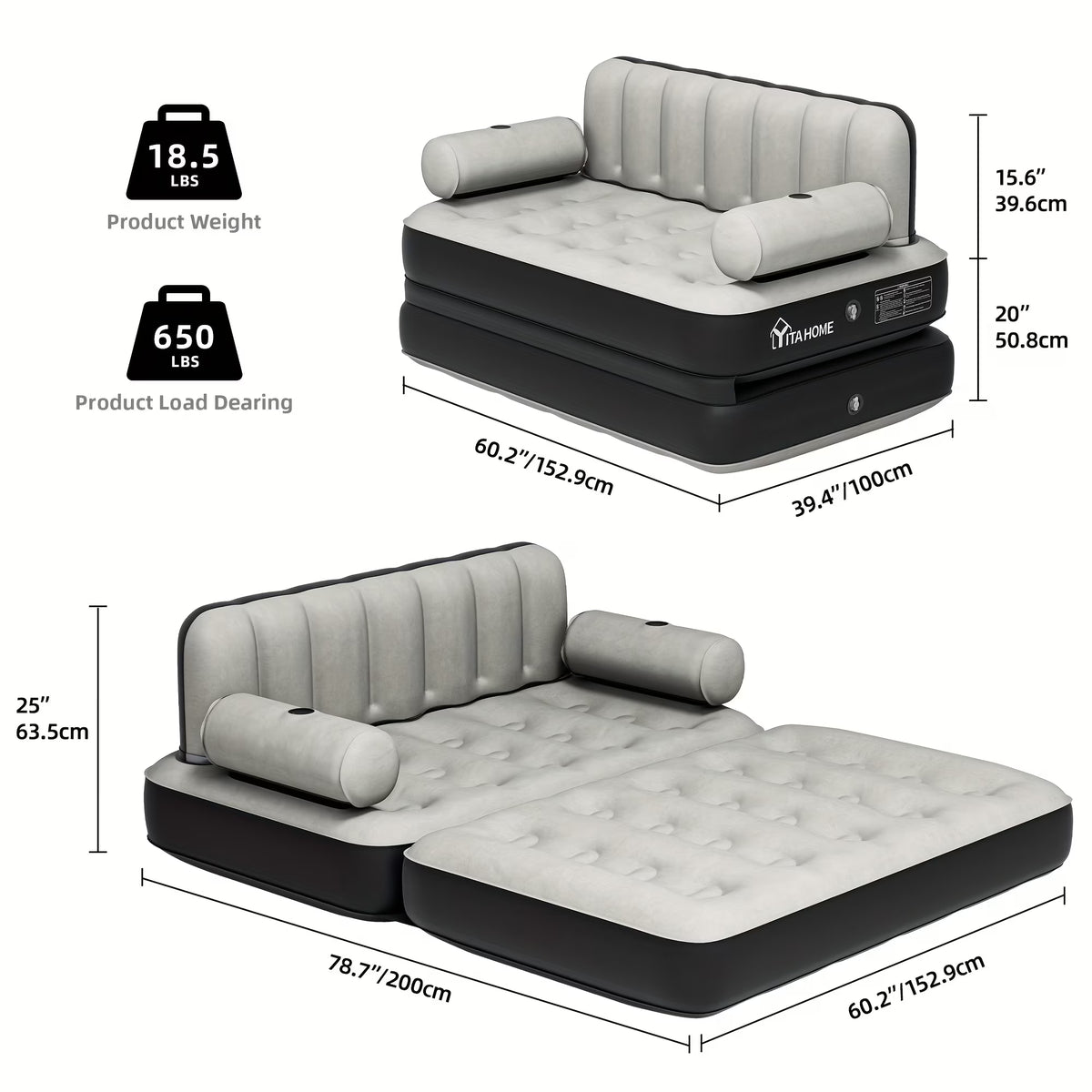 Inflatable Air Sofa Bed 2-in-1 Backrest Couch Airbed With Headboard And Pump Convertible Blow Up Bed Mattress For Home, Camping, And Guests, Living Room Furniture, Queen Size(Black+gray)
